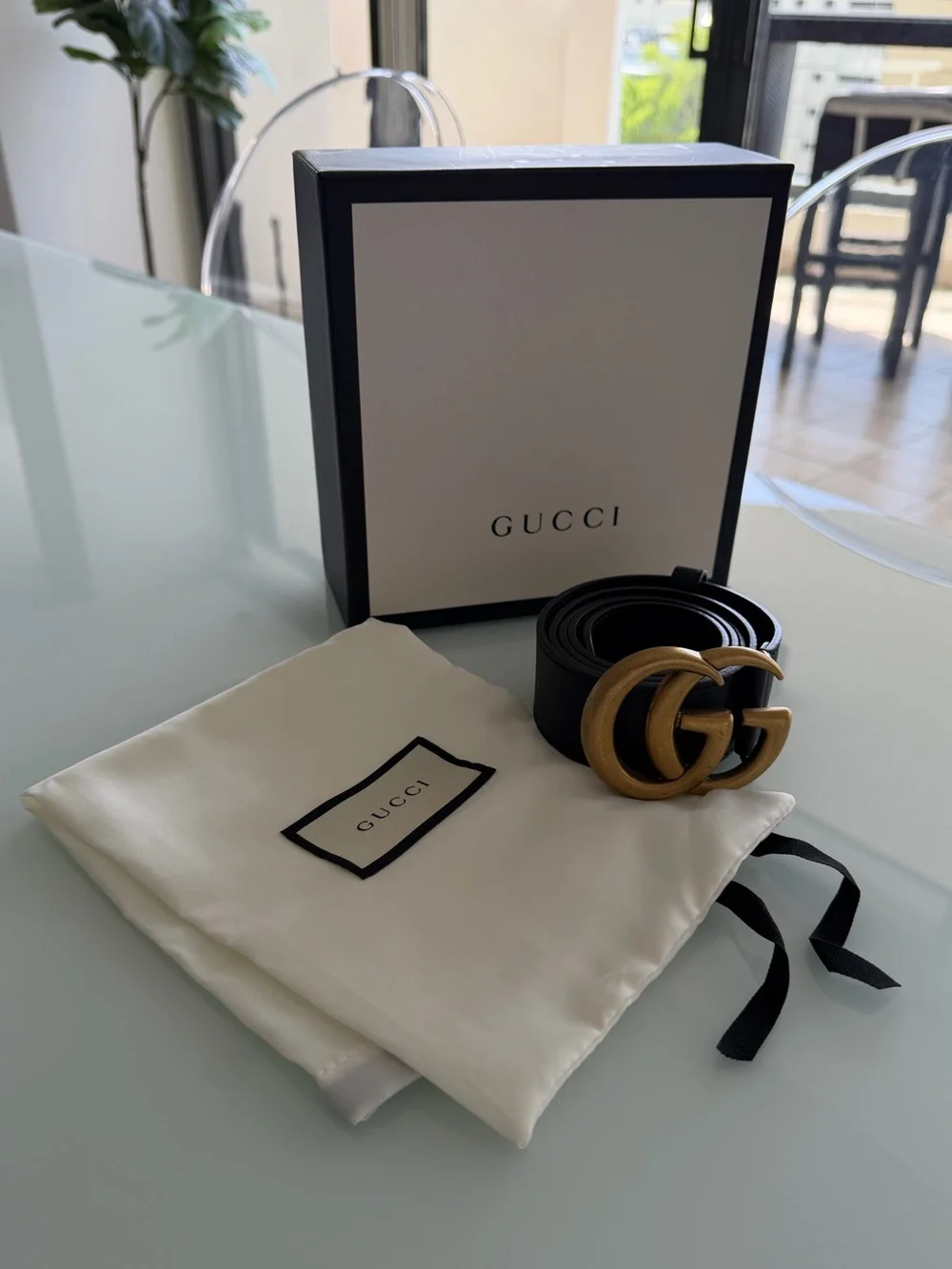 Gucci Black Leather Belt with Aged Gold Double G Buckle